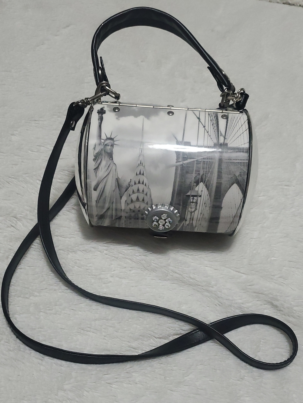 Monochrome NYC Print Barrel Crossbody Bag with Black Strap